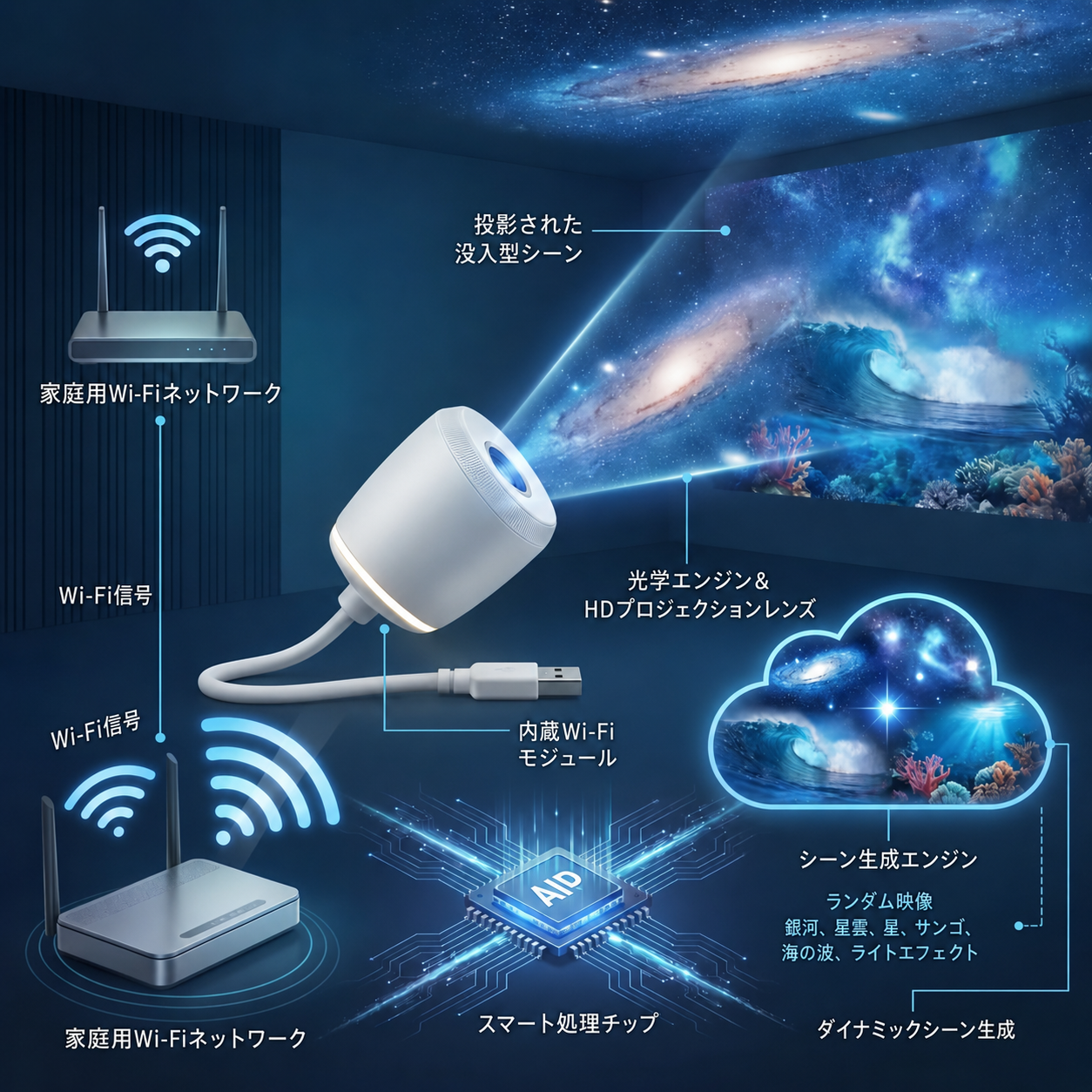 TIMNAMY® 次世代スマートプロジェクション HDスマート・ダイナミック5Dホログラフィック・ナイトライトプロジェクター 🐱🦝1