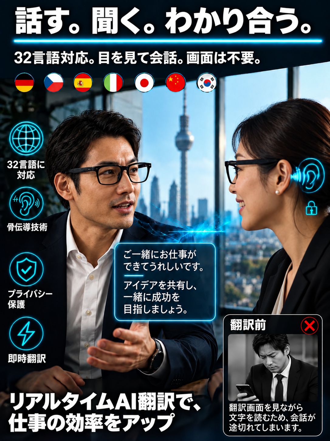 💌ズーム機能、調光レンズ、人工知能を用いたリアルタイム翻訳機能を備えたスマートグラス📌1